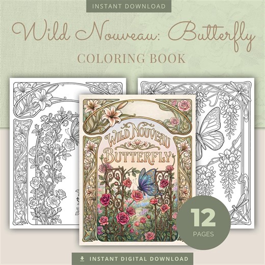 Butterfly Coloring Book, 12 Art Nouveau Printable Adult Coloring Pages PDF - Etsy