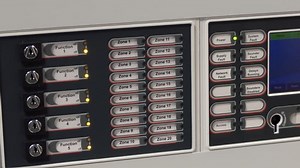 Close up of multi zone fire alarm panel with touch screen control on the right