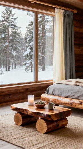 Scandinavian Log Bedroom | Cozy Snowy Forest View ❄️🔥