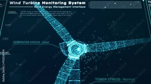 Futuristic wind turbine energy control center interface design, digital data network battery management system, green renewable power technology software, engineering iot HUD information 3d rendering