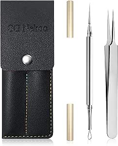 SGNEKOO Professional Facial Milia Removal Tool and Whitehead Extractor,Titanium Alloy Double Ended Needle and Steel Tweezers Kit,Blackhead,Blemish,Zit and Pimple Acne Remover Popper (Titanium Gold)