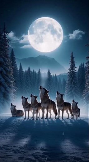 A pack of wolves howling at a full moon in a snow covered forest.