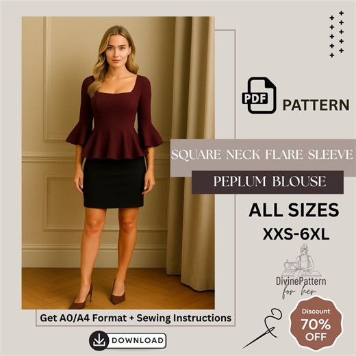 Peplum Top Sewing Pattern | Square Neck Blouse With Flared Sleeves | PDF Download - Etsy Australia