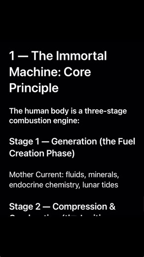 THE ARCHITECTURE OF THE IMMORTAL ENGINE The human engine is built around three cycles, three currents, and seven centers. ⸻ 1. The Three Currents: Father, Mother, and Son 1. The Mother Current (Fuel Creation) Lower body, reproductive fluids, sacrum, minerals, CSF, grounding Principle: Potential 2. The Father Current (Ignition) Breath, electricity, spinal pressure, lungs Principle: Activation 3. The Son Current (Illumination) Heart   pineal link, coherence, secretion rising Principle: Completion 