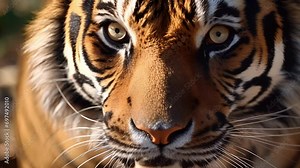A stunning closeup of a majestic tiger captured by a camera , revealing intricate details of its fur and expression. With the help of AI technology, these images can be used to track and
