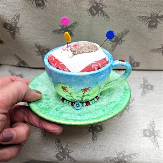 Teacup Pincushion, Hand Painted Small Teacup With a Pincushion Top. - Etsy