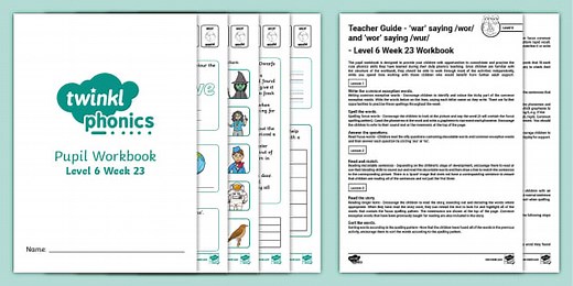 'war' saying /wor/ and 'wor' saying /wur/ Level 6 Week 23 Workbook