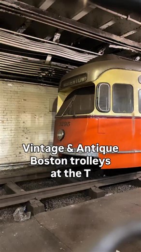 The first car is a PCC Car No. 3295, manufactured in Worcester in 1951 and the first trolley to travel what is today the modern D line. The second car is a 1924 Boston Elevated Railway Type 5 car No. 5734. You can find both trolleys at Boylston station. 🚉 #mybostonuncovered #smn | Boston Uncovered