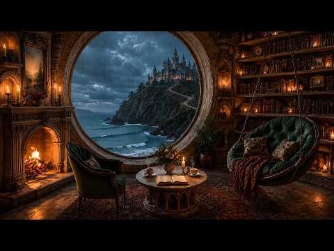 Cozy Seaside Library Ambience with Fireplace & Rain Sounds | Dark Academia Piano & Violin Playlist