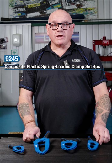 Composite Plastic Spring-Loaded Clamp Set 4pc | Laser Part No. 9245 | #LaserTools — durable, fibreglass-reinforced spring clamps with deep reach and strong grip for holding covers, trims, panels and dust sheets securely in workshop and bodyshop applications #ToolTok #WorkshopTools #BodyshopTools #HandTools