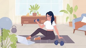 Animated effective workout routine. Woman doing exercises for arms. Looped flat color 2D cartoon character animation with living apartment interior on background. 4K video with alpha channel Stock Video
