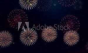 Colorful fireworks celebrations night of happiness. Festival fireworks frame. Bright crackers lights in starry night sky, firework banner traditional celebration smoke from fire twilight background