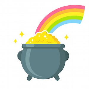 Pot of leprechaun gold at the end of rainbow. Traditional St....