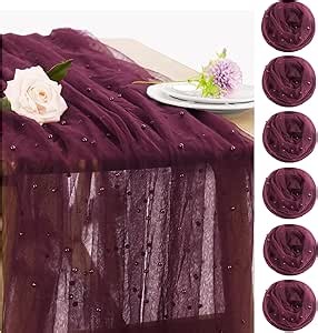 Set of 6 Pearl Table Runner 29 x 120 Inch Tulle Fabric Lace Table Runners for Bridal Shower Birthday Party Wedding Arch Dessert Table Decor(Burgundy)