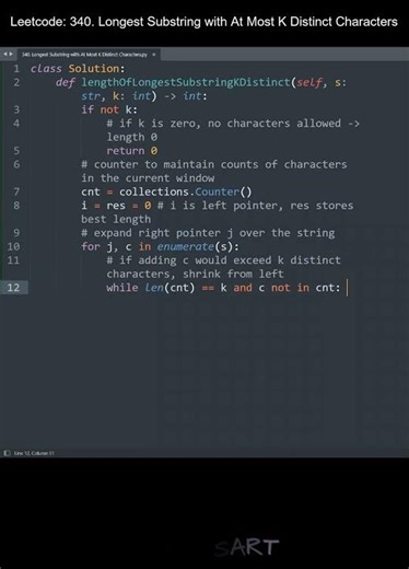 Leetcode 340. Longest Substring with At Most K Distinct Characters in Python | Python Leetcode