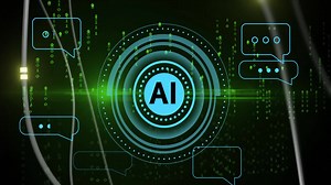 AI text bubbles and binary code animation over green digital background | Premium Stock Video Footage