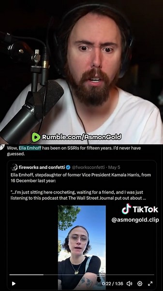 Asmongold watches a clip of Ella Emhoff (Kamala Harris's stepdaughter) confessing that she's been on SSRIs for over 15 years. Asmongold does the math: if she's 26 and has been on them for 15 years, she started medication at age 11. She reflects on the over-prescription of antidepressants to children and shares her own experience with anti-anxiety medication.