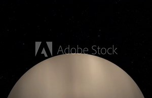 CGI composite: flying over planet Venus, half lit with a starry background.