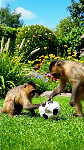 Two Monkeys Playing Football on the Ground