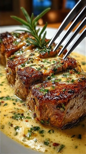 HERB BUTTER STEAK WITH CREAMY GARLIC SAUCE 🥩🌿 INGREDIENTS: For the steak: 2 thick-cut beef steaks (ribeye, sirloin, or tenderloin) Salt and black pepper to taste 1 tablespoon olive oil 1 tablespoon unsalted butter 2 garlic cloves, crushed 1 sprig fresh rosemary or thyme For the creamy garlic herb sauce: 2 tablespoons unsalted butter 3 garlic cloves, finely minced 1/2 cup cooking cream 1/4 cup vegetable broth 1 teaspoon Dijon mustard 1 tablespoon chopped fresh parsley 1/2 teaspoon crushed red p