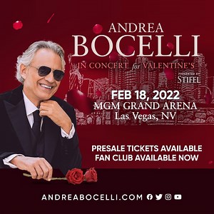 Today is the final day for social fans to access pre sale tickets to Andrea’s Valentines performance in Las Vegas, NV on Friday February 18, 2022. Use the link to get your great seats today ahead of the general on sale tomorrow 10/11 at 10am: bit.ly/3iB8fBN | Andrea Bocelli