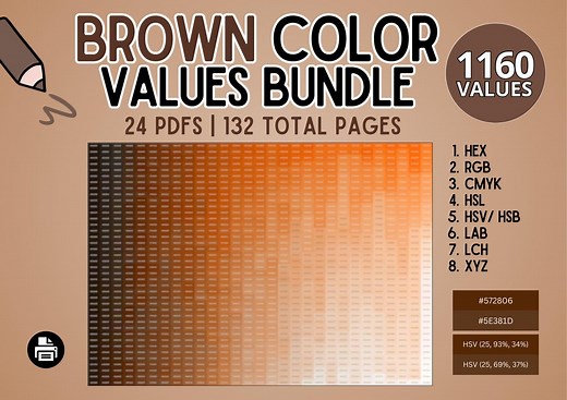 Brown Color Values Bundle: Hex, Rgb, Cmyk, Hsl, Hsv/ Hsb, Lab, Lch, Xyz | Printable Palette Chart, Shade Catalog, Color Swatch Library - Etsy