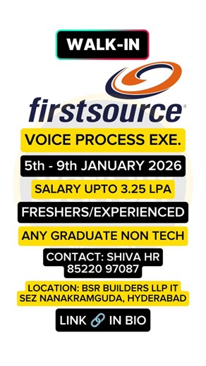 Walk-ins Everyday on Instagram: "WALK-INS EVERYDAY !!! 🔗 LINK in BIO 📢 FOLLOW us @walkins_everyday for daily job opportunities Greetings from Firstsource Solution!!! We have an exciting opportunity for both Fresher and experienced candidates with good communication skills for international Voice Process and Non- Voice Process. Walk-in Time: 11:30 AM to 2:00 PM Mode of Interview: 1. F2F HR round 2. Assessments 3. Live chat 4. Operations manager round Eligibility Criteria: Good verbal communicat