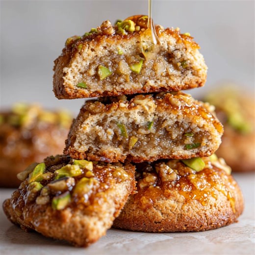 🥮 Baklava Cookies (Pistachio–Walnut Honey Bites) Inspiration Imagine crisp, golden cookie bases filled with spiced nut filling, brushed with honey syrup all the flavor of classic baklava, but bite-sized and less labor-intensive. Ingredients (makes about 24 cookies) For the dough 250 g (2 cups) all-purpose flour 120 g (½ cup) unsalted butter, softened 80 g (⅓ cup) sugar 1 egg yolk 1 tsp vanilla extract ¼ tsp salt 1–2 tbsp cold water (if needed) For the nut filling 60 g (½ cup) finely chopped pis