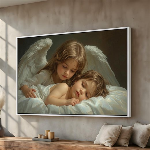 Guardian Angel With Sleeping Child Christian Canvas Wall Art | Peaceful Faith & Protection Artwork | Nursery Religious Decor | Ready to Hang - Etsy