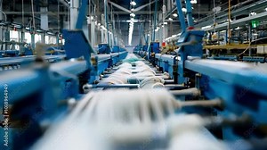 Inside a textile factory, a line of machinery is winding spools of thread, showcasing the intricate process of industrial thread production