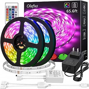 Olafus 65.6ft RGB LED Strip Lights Kit, Power Adapter, Dimmable Color Changing, 2 pcs 32.8ft LED Tape Light with Remote, 24V 20m Colored Strip, 600 LEDs 5050 Led Lights for Bedroom, Living Room, Party