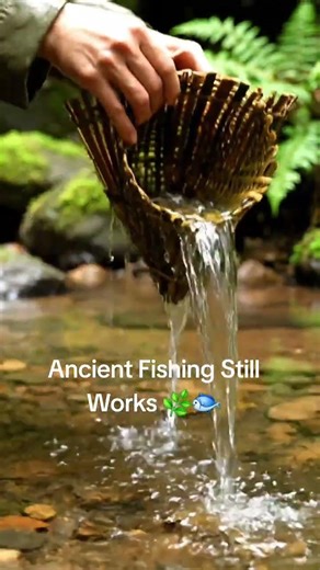 Primitive survival fishing using a bamboo fish trap in a shallow forest stream. Silent, hands-only