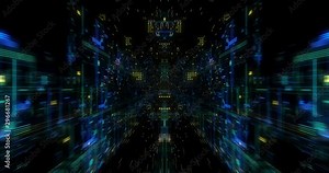 Seamless Loop Abtract Internet of Things motion background. Flying through virtual cyberspace with neon lines and dots elements. Communication network. 3D render