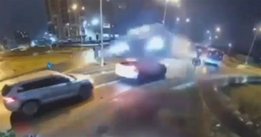 Speeding Mercedes catapults over two cars after crashing into roundabout