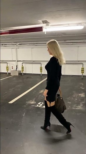 Carpark Walk in Louboutin High Heel Boots, Nylon tights and Minidress - #shorts