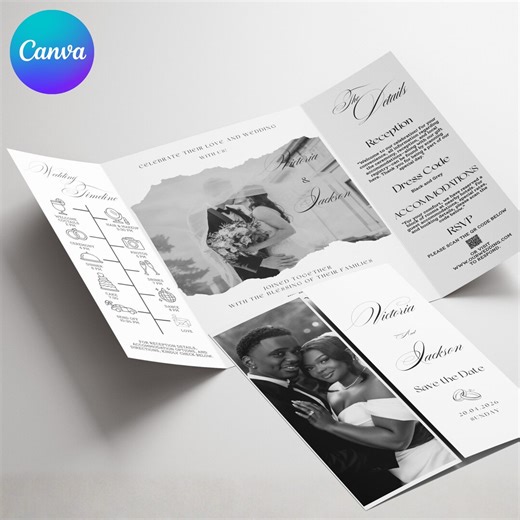 Tri Fold Wedding Invitation Template, Elegant Photo Timeline Program, Canva Editable Ceremony Details Card, Printable Invite Download - Etsy
