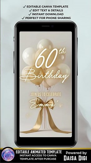 Elegant 60th Birthday Invitation, Editable Canva Video Invite