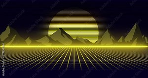 Retro sunset over a tech grid field with mountain ranges. Retro 80’s background for retro , arcade , classic films and cinematic in scene