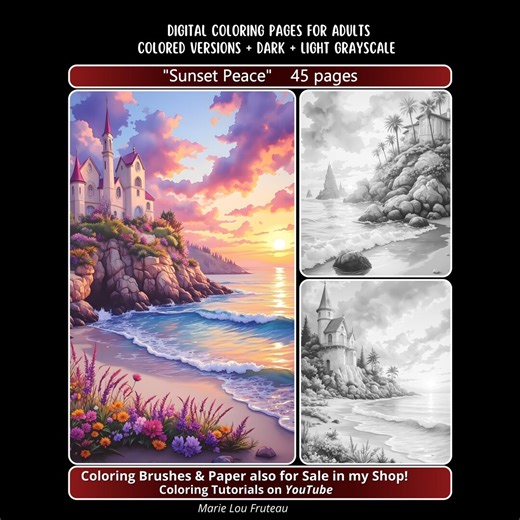 Adult Coloring Book | Grayscale Printable Pages | Beautiful Designs | Scenery, Landscapes, Nature, Beach, Cliffs, Ocean | "sunset Peace" - Etsy