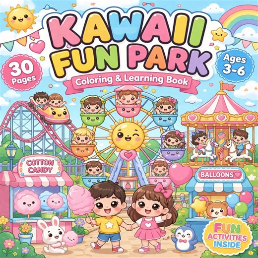 Kawaii Fun Park Coloring Book for Kids | 30 Pages Amusement Park Printable PDF | Learning Activity Book Ages 3-6 | Preschool Coloring Pages - Etsy