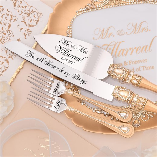 Wedding Cake Server Set With Forks in Gold Color Engraved - Etsy
