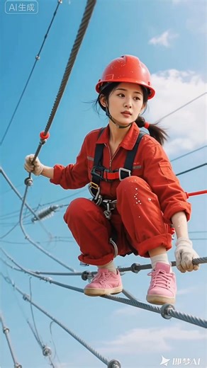 Girl Working on High Voltage Power Lines