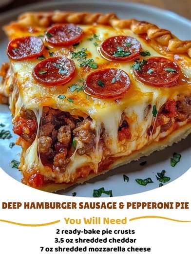 426K views · 2.3K reactions | Deep Hamburger Sausage & Pepperoni Pie 燎不 Golden pie crust filled with savory meats, hearty cheese, and tangy sauce for a warming dish. Ingredients: 2 ready-bake pie crusts (about 16 oz total) 7 oz shredded mozzarella cheese 3.5 oz shredded cheddar or provolone cheese 8 oz ground beef 8 oz Italian sausage, casings removed 3.5 oz pepperoni slices ...... Fυll ᖇecίpe in Coʍmеոτ  | 푫풊풇풇풆풓풆풏풕 풅풆풕풂풊풍풔 | Facebook
