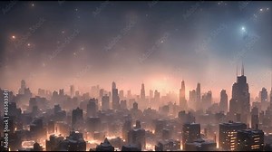 futuristic city skyline viewed from above - vibrant sunset hues - fantasy sci-fi space opera city skyline - AI Generated Video