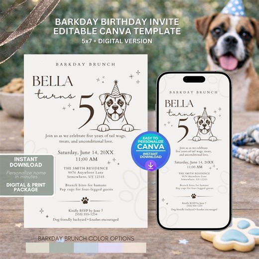 Boxer Dog Birthday Invitation Template, Editable Canva Puppy Party Invite, Printable 5x7 Card & Mobile Digital Invite - Etsy