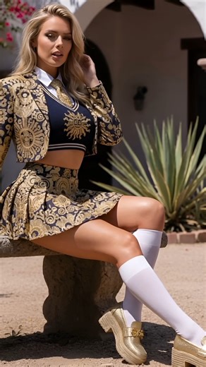 Mexicada Official on Instagram: "This striking outfit combines modern elegance with classic sophistication. Featuring a rich navy blue and gold color scheme, it showcases intricate patterns that evoke a timeless, regal feel. The cropped jacket is adorned with gold detailing and a bold sunburst emblem at the center, creating a statement piece that highlights the waist. Its tailored fit offers a flattering silhouette while maintaining a sense of refinement. The matching skirt mirrors the jacket’s