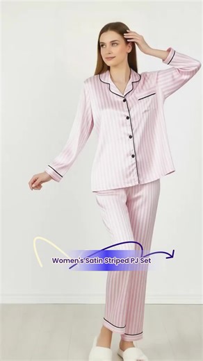 Women's Striped Print Button Front Shirt & Elastic Waist Pants Satin Pyjama Set, Comfortable Loungewear for Everyday Wear #twopiecepajamas #knitsleepwear #threepiececomforterset #plussizepajamas #menspajamas #valentinesdaypjs #comfy2piecesets #womenslingerieset #pinkmatchingset #vdaypajamas