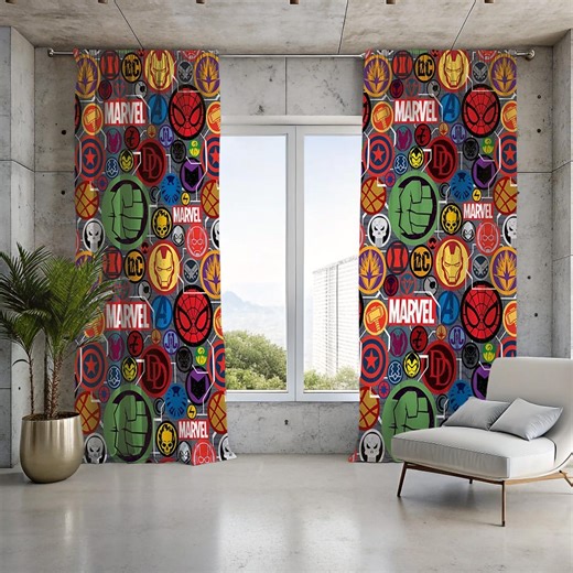 Superhero Symbols Window Curtains, Action Comic Pattern Drapes, Colorful Hero Icon Decor, Play Room Curtain, Kids Room Drapes, - Etsy