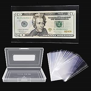MUDOR 200 Pieces Dollar Bill Holder with Storage Case, PP Material Clear Paper Money Currency Collection Sleeves Protector Bag, Banknotes Protector Slab Holder