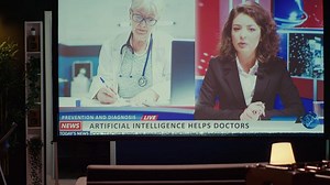 Descargar moderno televisión mostrando Noticias programa radiodifusión con periodista hablando acerca de artificial inteligencia sujeto, cerca arriba disparo. ultra ancho televisión pantalla demostración vod periodismo canal gratis